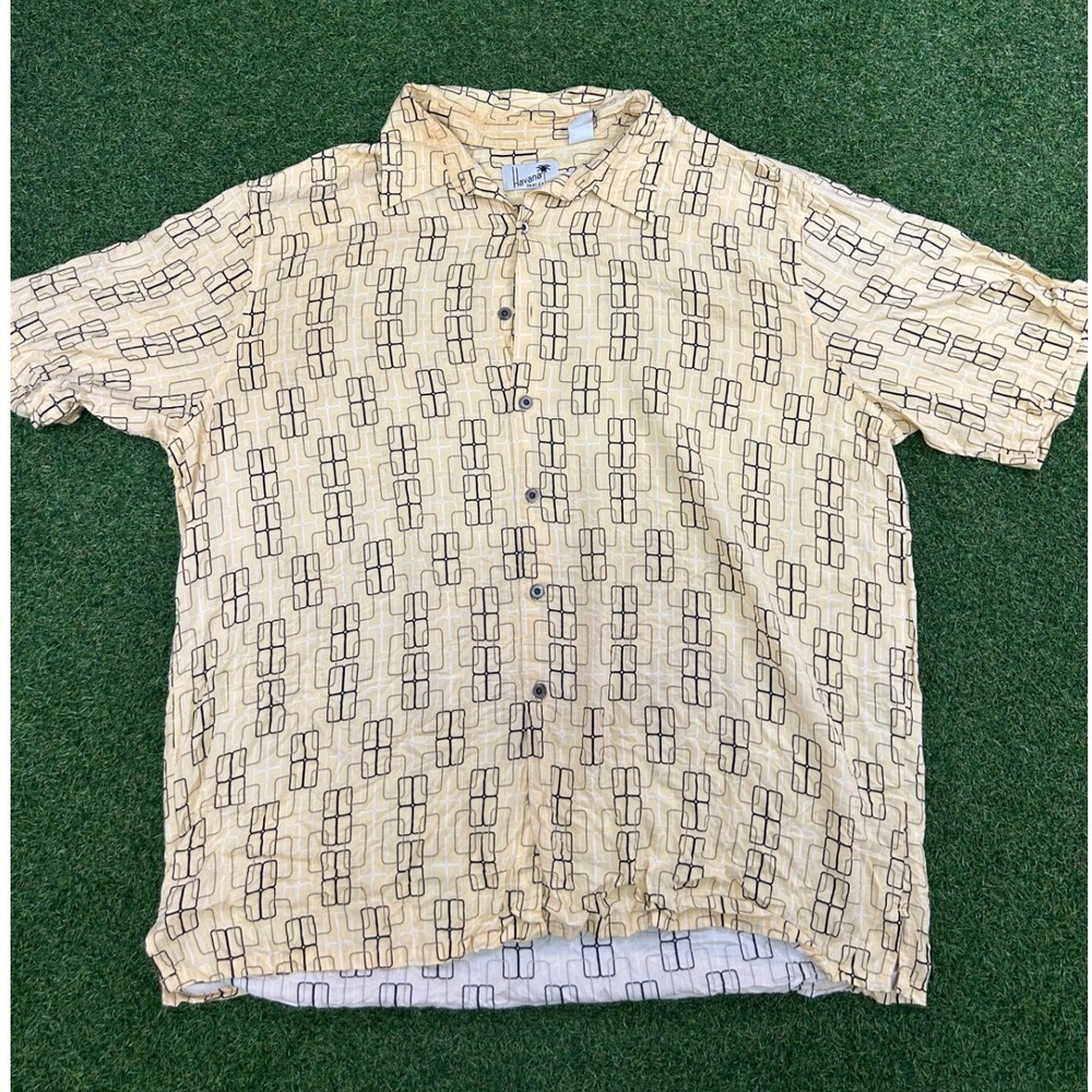 Havana Shirt Co Men XL Yellow Rayon Geometric Rectangle Print Short Sleeve Shirt